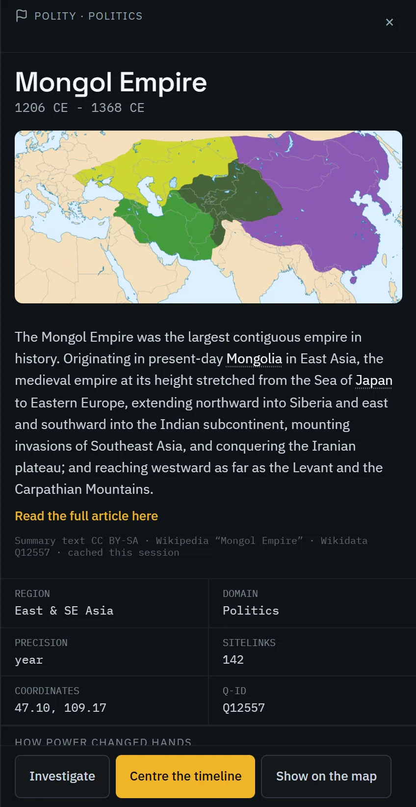 The Mongol Empire’s entry panel in Pastlas: its dates, a map, the article from Wikipedia and its facts